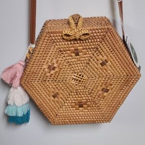 Hexagonal Woven Rattan Bag with Tassels